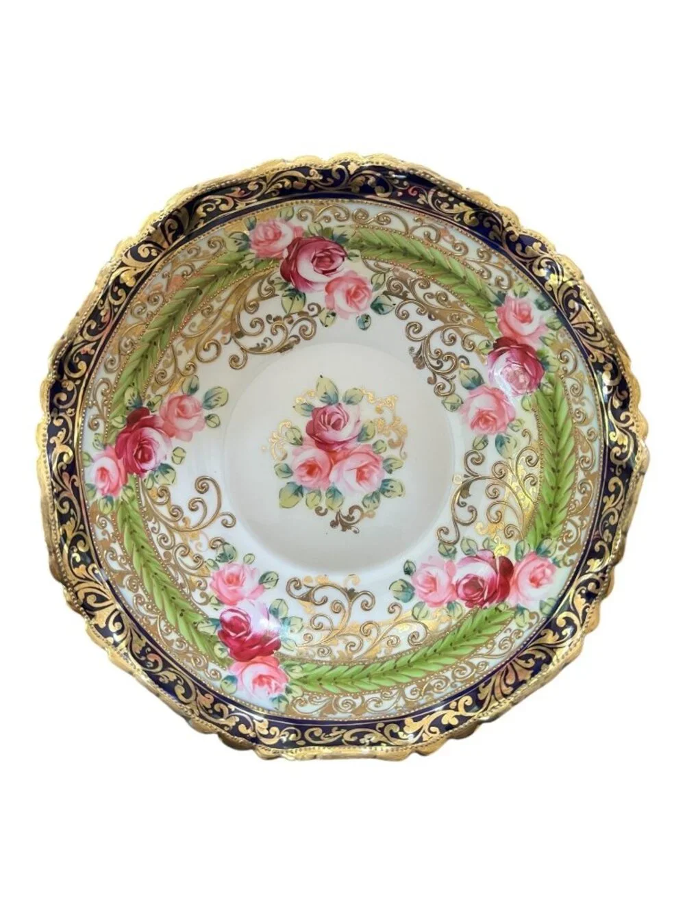 Antique Nippon Hand-Painted Gilded Rose Dish, Blue Maple Leaf Mark (1891–1911),